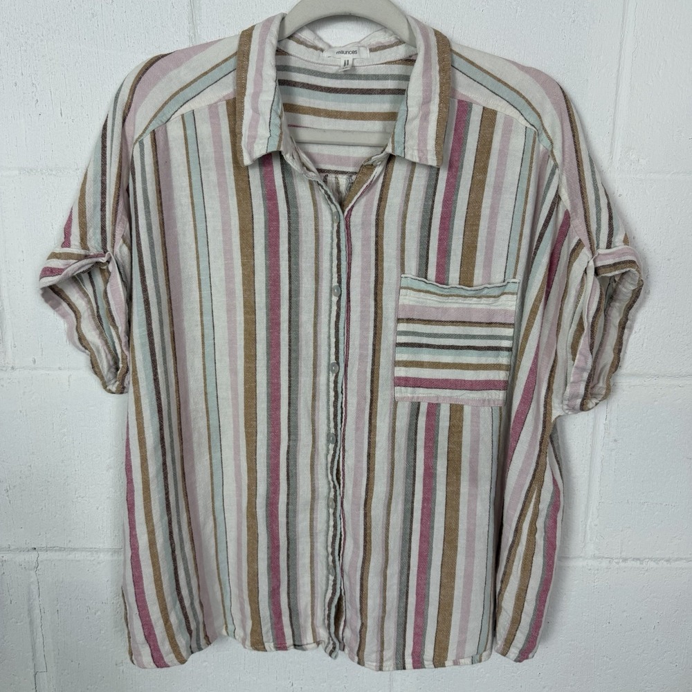 Maurice's Linen Blend Button Up Top Neutral Stripes Boxy Relaxed Coastal SZ 1X